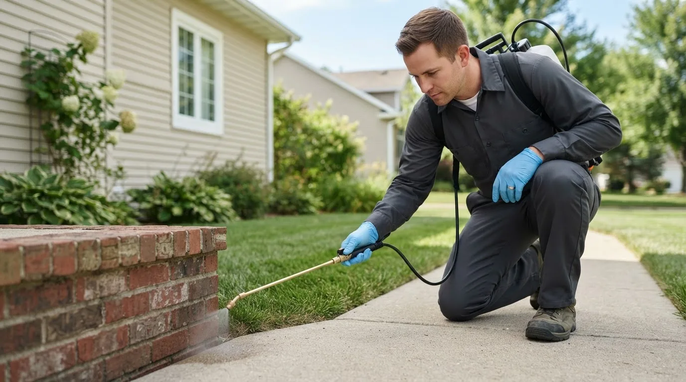 Pest control technician treating a home near Crary, ND