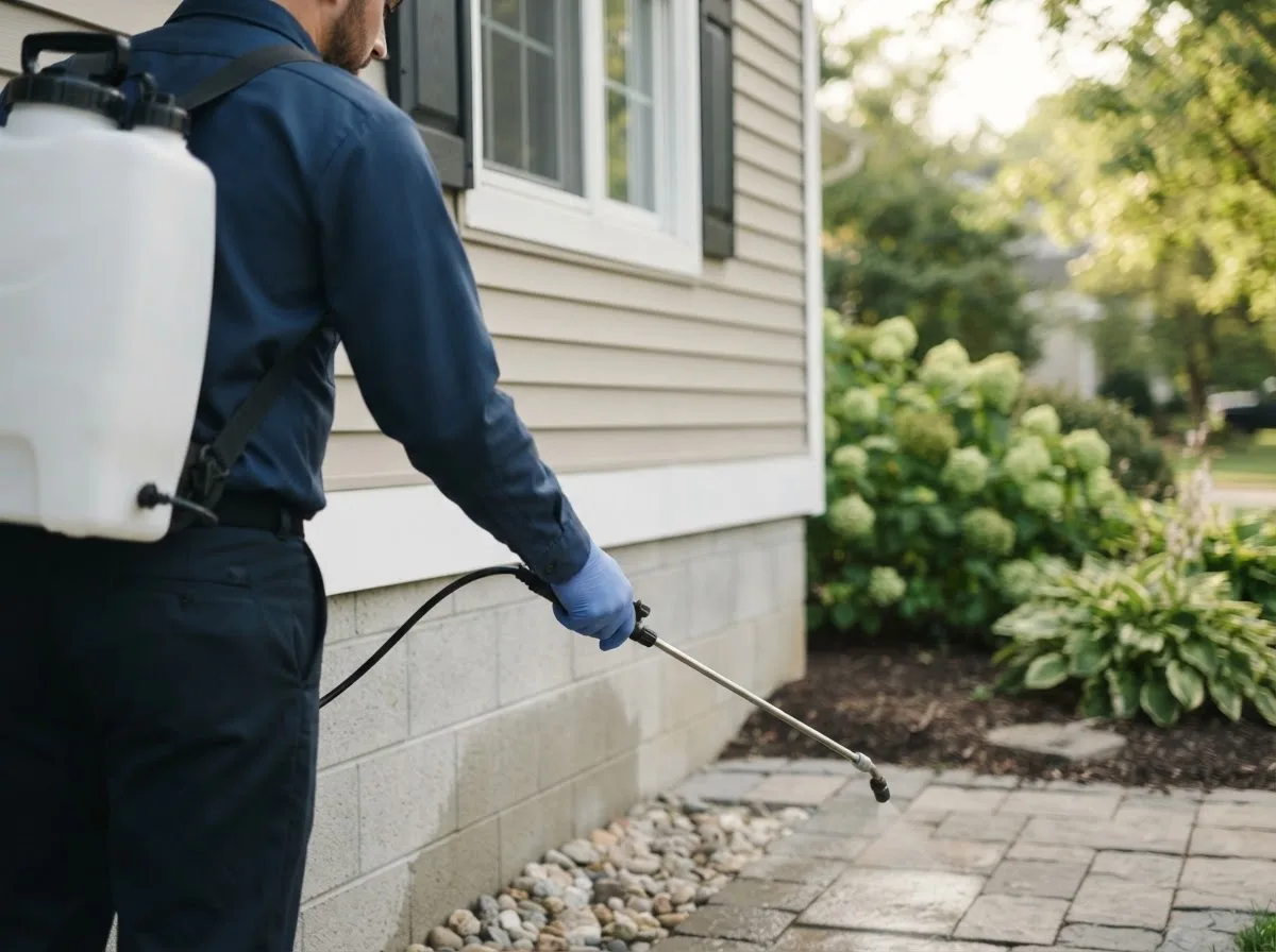 Pest control technician inspecting a home in Crary, ND